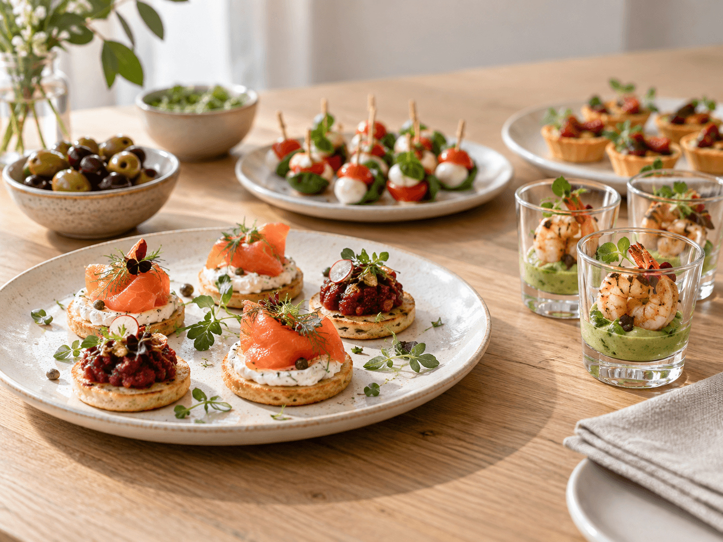 Fingerfood auf Keramiktellern und Vorspeisen im Glas auf einem hellen Holztisch – KI-generiertes Symbolbild
